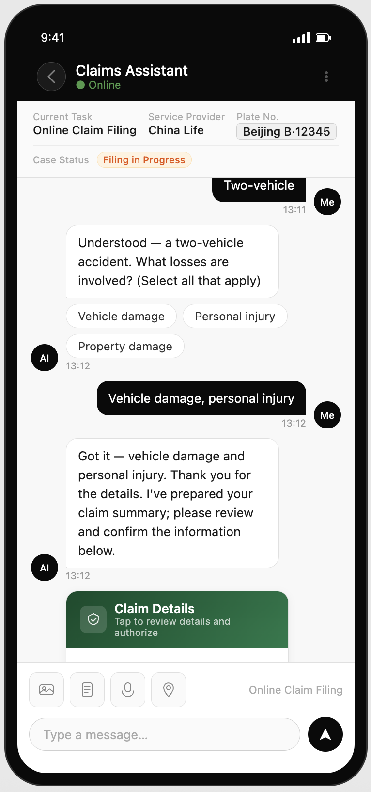 Claims AI Assistant chat on a phone screen