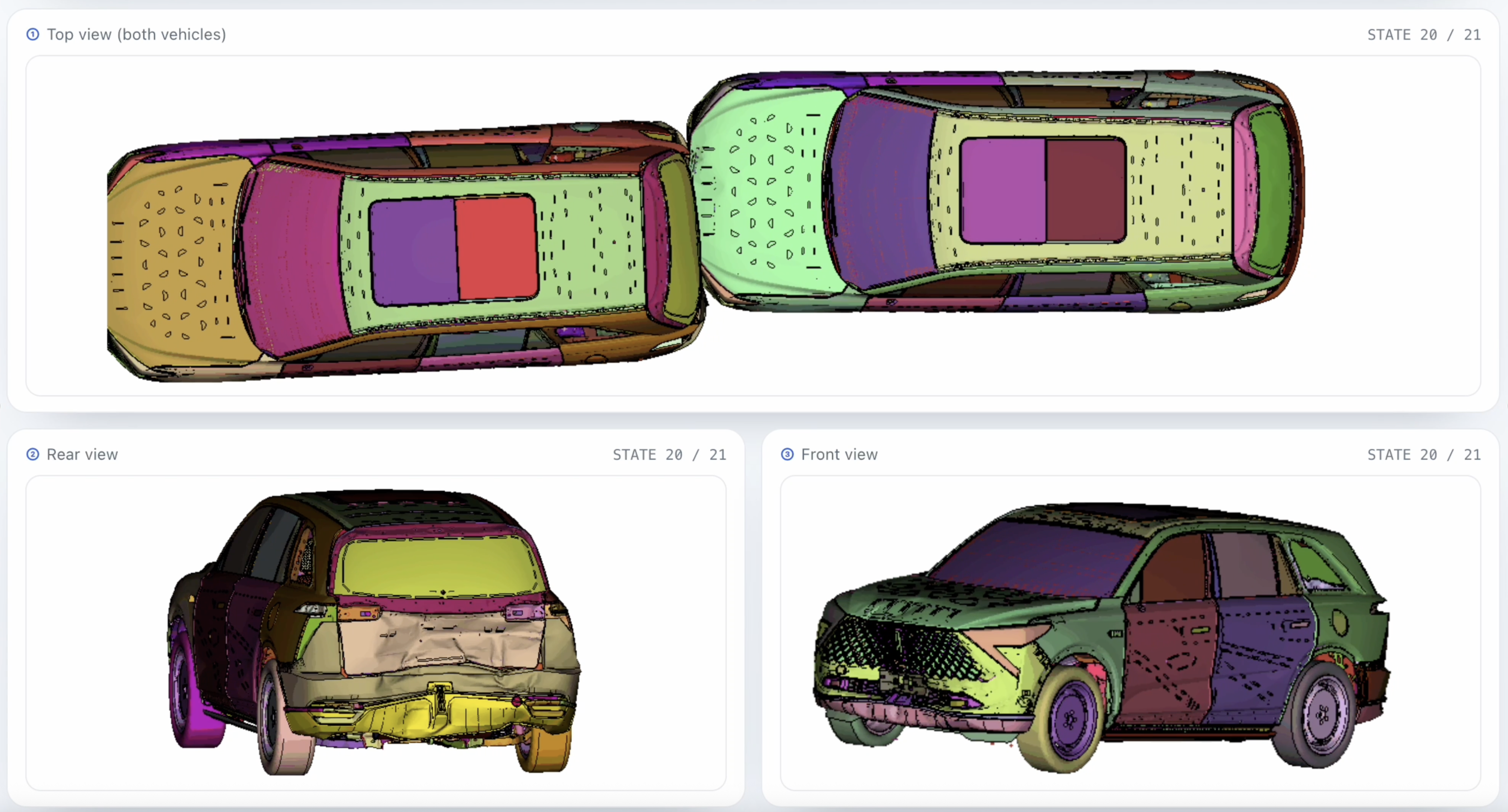 Physics-based collision simulation of both vehicles, top, rear and front views